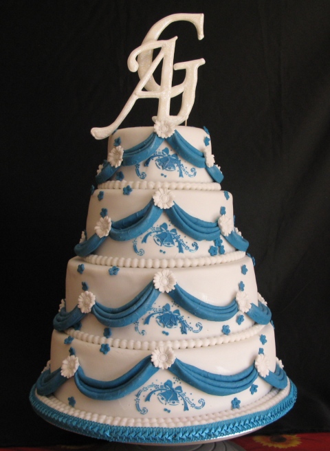 FourTier Wedding Cake Turquoise Blue Drapes